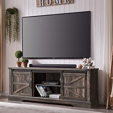 OKD Farmhouse TV Stand for 75 Inch TV with Sliding Barn Door, Rustic Wood Entertainment Center Large Media Console Cabinet Long Television Stands for 70 Inch TVs, Dark Rustic Oak - Image 1