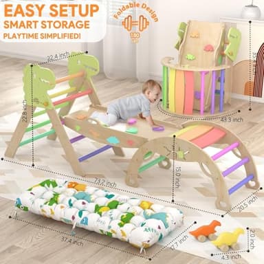 Pikler Triangle Set with Cushion 9 in 1 Climbing Toys for Toddlers 1-3 Indoor Baby Gym Toddler Montessori Toys Wooden Climbing with Maze, Shape Sorting, Dinosaur Car - Image 2