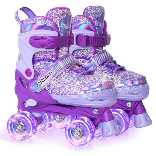 Nattork Kids Roller Skates for Girls Kids, 4 Sizes Adjustable Girls Roller Skates for Ages 3-12 with Light up Wheels & Safety Protection - Cool Birthday Gift for Indoor Outdoor Sports - Image 1