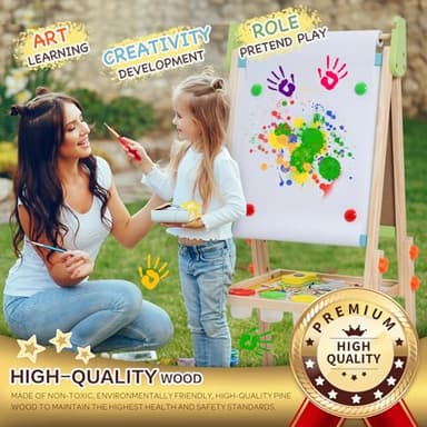 Kids Easel Including 100+ Accessories, Rundad Double Sided Wooden Easel for Kids Age 3-8 with Magnetic Chalkboard & Painting Board, Free Height Adjustable Art Easel Supplies for Toddlers - Image 6