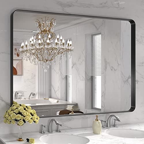 LOAAO 48X32 Inch Black Metal Framed Bathroom Mirror for Wall, Matte Black Bathroom Vanity Mirror Farmhouse, Large Rounded Rectangle Mirror, Anti-Rust, Tempered Glass, Hangs Horizontally or Vertically - Image 1