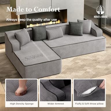 HERA'S HOUSE 104" Sofa with Chaise, L-Shaped Modern Modular Cloud Couch, Plush Deep Seating with 5 Pillows, No Assembly Required Corduroy Fabric Upholstered Living Room Furniture for Apartments, Homes - Image 7