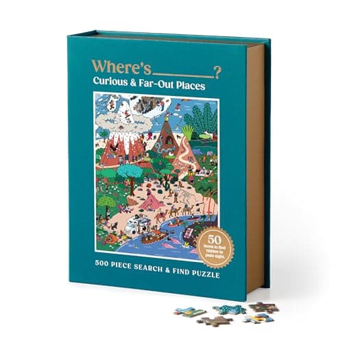 Galison Where's________? Curious and Far Out Places – 500 Piece Book Box Jigsaw Puzzle Featuring A World of Peculiarity and Novelty to Search and Find