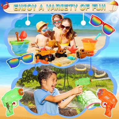 HUITEM Beach Toys for Kids, Sand Toys with 2 Collapsible Beach Bucket,3 Dump Truck,2 Sunglasses,Ocean Molds,Sandbox Shovel,2 Mesh Bag Sand Castle Building Kit Travel Beach Essentials for Toddler 3-10 - Image 5