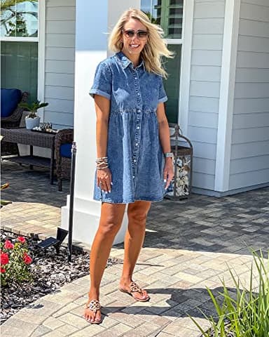 LookbookStore Jean Dress for Women Trendy Denim Babydoll Dress Short Sleeve Holiday Dresses for Women Summer 2025 Reef Blue Size 8 10 - Image 5