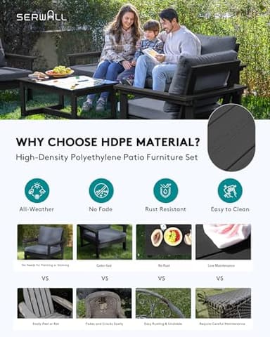 SERWALL HDPE Patio Conversation Set, 6-Piece Sectional Outdoor Furniture Set, All Weather Outdoor Couch Set Patio Furniture Set for Deck, Lawn, Black Frame with Grey Cushion - Image 3