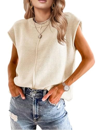 Womens Fall Fashion Sweater Tops 2025 Trendy Western Knit Business Casual Work Cap Sleeve Vest Cute Outfits Tops Beige - Image 1