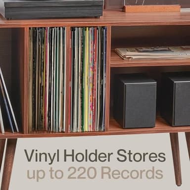 LOFT + IVY Record Player Stand with Vinyl Storage – Turntable Table with Shelves and Backboard – Walnut Wood Frame Vinyl Record Storage with Headphone Hook – Compact Audio Stand with Stabilizers - Image 7