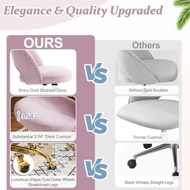 VINGLI Modern Velvet Small Office Chair,Cute Desk Chair With Wheels,Gold Base/Studs,Comfy Armless Swivel Vanity Task Chair For Women/Girl/Kids,Nail Tech Chair For Office,Small Space,Mauve Light Purple - Image 3