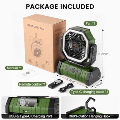 Odoland 30000mAh Camping Fan with LED Lantern, Rechargeable Battery Operated Oscillating with Remote Hook, Portable Tent Fan with Timer, 4 Speeds for Outdoor RV Jobsite Power Outage, Green - Image 7