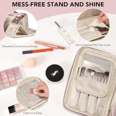 Travel Makeup Bag Women's Large Capacity Cosmetic Portable Organizer Large Opening Waterproof Storage Toiletry Bags Vertical Free-Standing Brush Holder for Easy Access Pink - Image 3