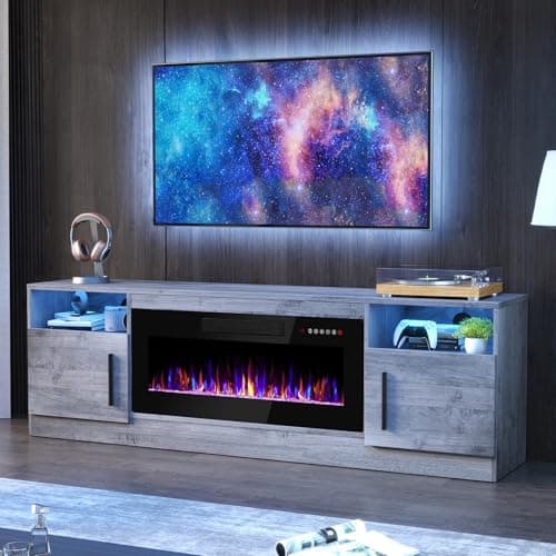 PRETZI Fireplace TV Stand with 36" Fireplace Up to 80" TVs,70" Entertainment Center with LED Lights,Remote Control,TV Media Console with Storage Cabinets for Living Room, Gray - Image 1