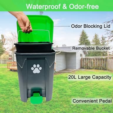 UUIXXYG 20L/5Gallon Dog Poop Trash Can Outside with Pooper Scooper & 50 Waste Bags- Outdoor Dog Poop Trash Can with Lid, Foot Pedal and Removable Inner Bin Waterproof and Odor Control - Image 2