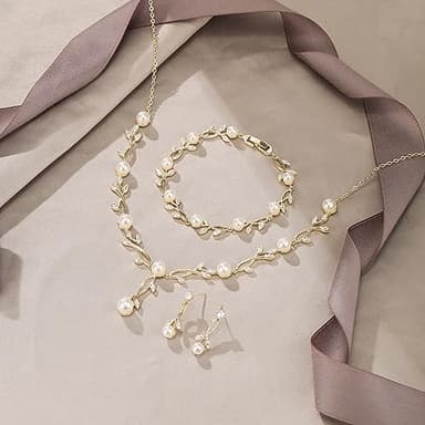 EVER FAITH Wedding Jewelry Sets for Bride, Gold Plated White Cubic Zirconia Simulated Pearl Leaf Filigree Bridal Party Necklace Earrings Bracelet Set for Women - Image 4