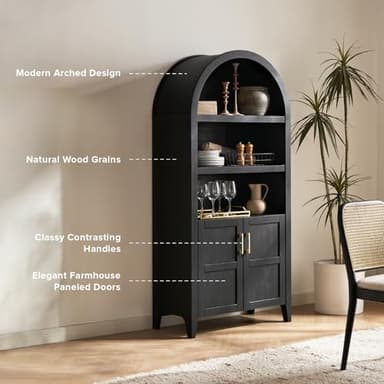 mopio Lauren 65.4" Short Arched Cabinet, 5-Tier Arched Bookcase with Doors and Shelves, Mini Arch Bookshelf with Storage, Wooden Storage Cabinet for Living Room and Kitchen Pantry (Black Accent) - Image 3