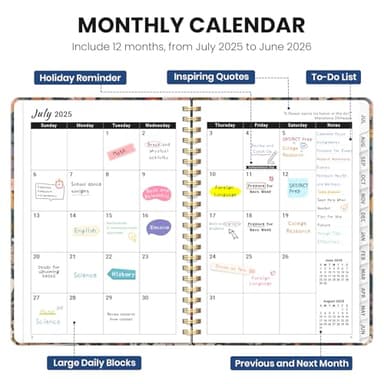 Planner 2025-2026, Monthly and Weekly Calendar Academic Planner (July 2025 - June 2026), Hardcover Student Teacher Planning Agenda Book with Tabs, Perfect for Office School Supplies, A5 (6.3" x 8.5") - Petals - Image 2