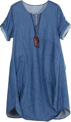Minibee Women's Ruffle Oversize Casual Midi Dresses with Pockets (3XL, Denim Blue) - Image 1