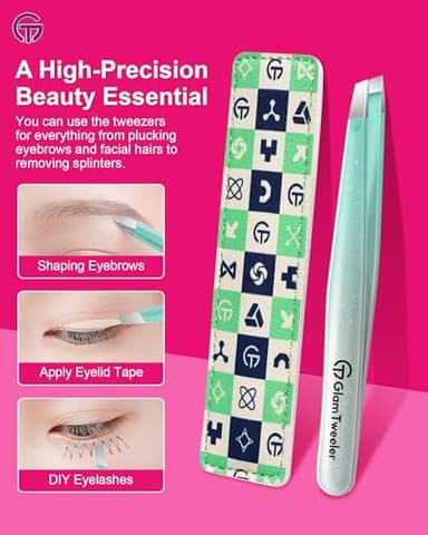 Expert Slant Tip Tweezers with Leather Case, GlamTweeler Sharp & Precision Stainless Steel Tweezer for Eyebrows, Facial Hair and Fine Hairs Removal (Sparkle Mint Green & Silver) - Image 5