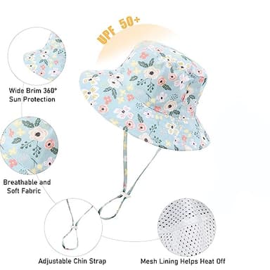 Baby Girl Sun Hat Summer Hats with UPF 50+ Toddler Bucket Hats Infant with Wide Brim Strap Outdoor Bucket Hat A-Greden Blue 2-4 Years - Image 6