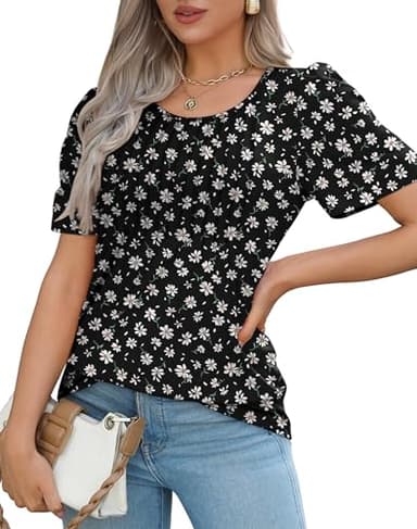 Womens Summer Tops Short Sleeve Shirts Floral Pleated Front Dressy Casual Blouses Fashion Outfits Black L - Image 3