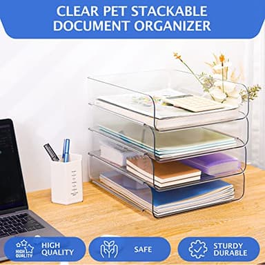 Set of 4 Office Organization and Storage, Clear PET Letter Tray Desk Organizer, Stackable Document and File Paper Organizer for Office Supplies - Image 7