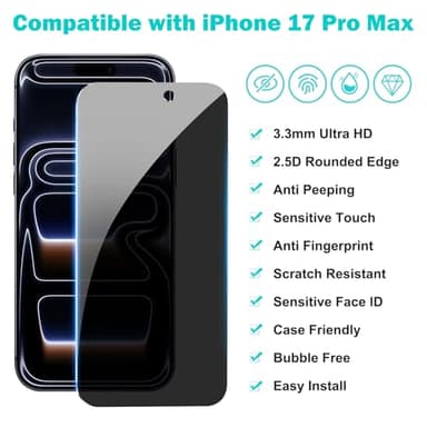 PEHAEL 3+3Pack for iPhone 17 Pro Max Privacy Screen Protector with Camera Lens Protector Full Coverage Anti-Spy Tempered Glass Film 9H Hardness Easy Installation Bubble Free [6.9 inch] - Image 2