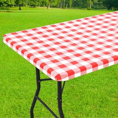 Smiry Rectangle Picnic Table Cloth, Elastic Waterproof Fitted Vinyl Tablecloths, Flannel Backed Buffalo Plaid Table Covers for Dining, Camping, Outdoor (White and Red, 30" x 72") - Image 1