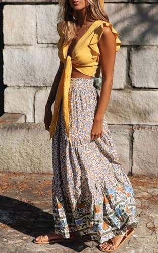 ZESICA Women's 2025 Summer Bohemian Floral Printed Elastic Waist A Line Maxi Skirt with Pockets,Cream,Large - Image 3