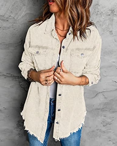 Vetinee Women's Oversized Boyfriend Cannoli Cream Front Button Up Frayed Raw Hem Long Sleeve Pockets Denim Jean Jacket Shacket Large Size 12 Size 14 - Image 5
