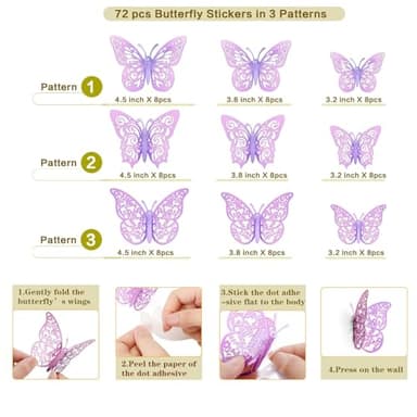 72 Pcs Butterfly Decorations, 3 Sizes 3 Styles, Wall Decor, Butterfly Party Birthday Decorations, Butterflies for Crafts, Cake Decorating, Wall Stickers Room Decor, Lavender - Image 2