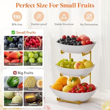 Lifewit Plastic Fruit Bowl Basket for Kitchen Countertop, 3 Tier Fruit Holder with Gold Metal Stand, Serving Tray for Food, Vegetable, Cake, Dessert in Party - Image 3