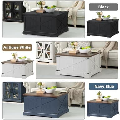 Joaxswe Farmhouse Coffee Table with Large Hidden Storage Compartment, Rustic Black Square Center Table, Wood Low Farm House Modern Living Room Tables with Hinged Lift Top & Wooden Arc Base - Image 7