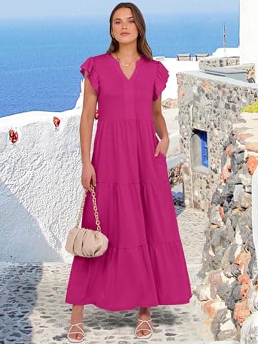ANRABESS Womens Summer Casual Maxi Dress V Neck Ruffle Sleeve Long Dresses Fashion Flowy Tiered Boho Beach Vacation Sundress Hot Pink X-Large - Image 3