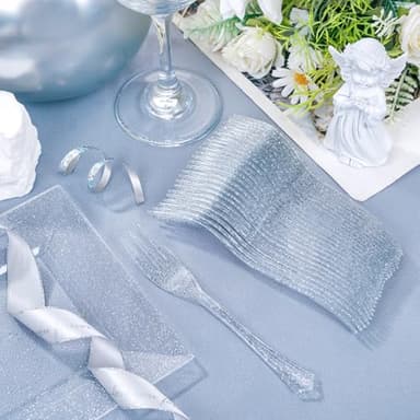 DaYammi 100Pcs Silver Dessert Plates Including 50Pcs Appetizer Plates 6",50Pcs Plastic Forks 5.7",Silver Glitter Plastic Square plate for Wedding,silver Salad plates and Cake Forks for Birthday Party - Image 6