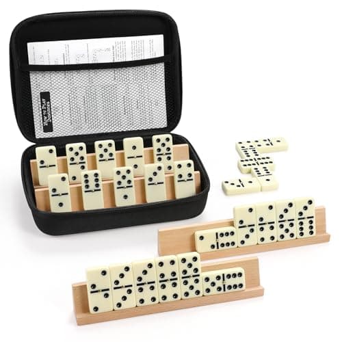 Jumbo Dominos Set for Adults with 4 Wooden Racks/Trays, Double 6 Dominoes Travel Set with Portable Case Double Six Dominoes Set with 4 Tiles Holders, 28 Tiles Dominos Set for Family Board Games - Image 1