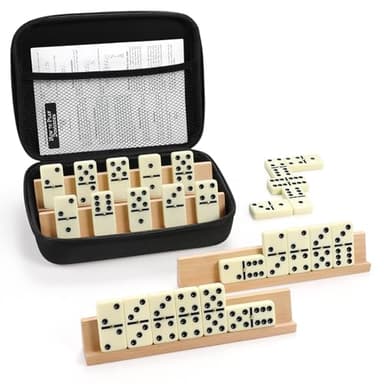 Jumbo Dominos Set for Adults with 4 Wooden Racks/Trays, Double 6 Dominoes Travel Set with Portable Case Double Six Dominoes Set with 4 Tiles Holders, 28 Tiles Dominos Set for Family Board Games - Image 1