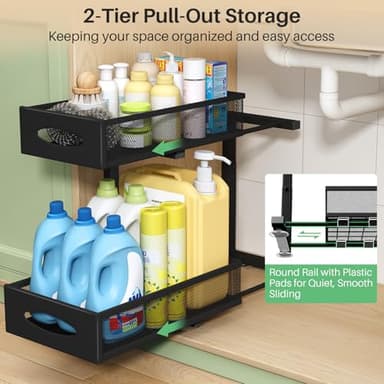 Under Sink Organizer, 2 Pack 2 Tier Pull out Cabinet Organizer Baskets with Mesh Sliding Drawers, Slide out Sink Storage Shelves for Home, Kitchen, Bathroom, Pantry, Office Organizers and Storag,Black - Image 3