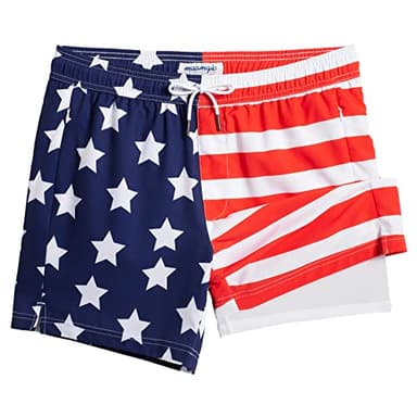 maamgic Mens Swim Trunks with Compression Liner 5" Stretch Athletic Swimming Shorts Quick Dry with Zipper Pockets No-Chafing Board Shorts Half-Half American Flag L - Image 1