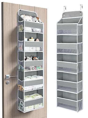 Yecaye 1 Pc Over the Door Organizer with 5 Bins 10 Side Pockets, 44lbs Load Hanging Bathroom and Bedroom Organizer, behind the Door Hanging Organizers for Nursery Newborn Baby Essential Stuff Grey - Image 1