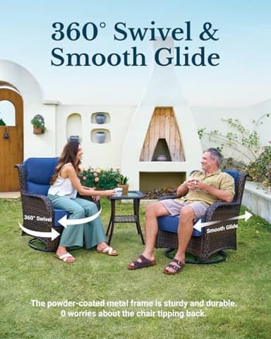 HILLGA Luxury Patio Furniture Set with 6-inch Thick Cushion, Outdoor High Back Swivel Rocker Patio Chairs, 3PCS Wicker Conversation Set for Deck Yard and Poolside, Blue (V2) - Image 3