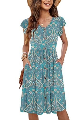 WNEEDU Women Summer Dresses Sleeveless Casual Loose Swing Button Down Midi Dress with Pockets(New Floral Green,XL) - Image 1