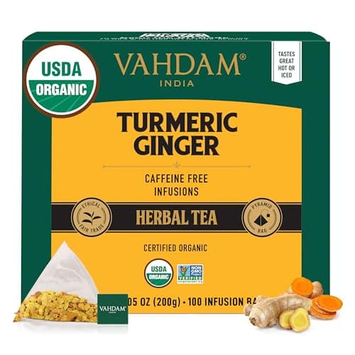 VAHDAM, Organic Turmeric Ginger Herbal Tea Bags (100 Pyramid Tea Bags) Caffeine Free, Non GMO | 100% Pure Herbal Blend - Savory & Spicy, Plant-Based Teabags | Resealable Ziplock Pouch - Image 1