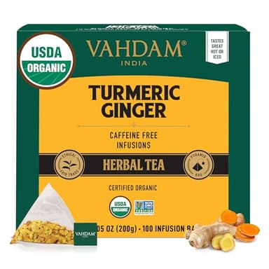 VAHDAM, Organic Turmeric Ginger Herbal Tea Bags (100 Pyramid Tea Bags) Caffeine Free, Non GMO | 100% Pure Herbal Blend - Savory & Spicy, Plant-Based Teabags | Resealable Ziplock Pouch - Image 1