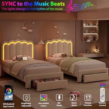 Twin Upholstered LED Bed Frame with Storage Drawer and Adjustable Chic Double Wavy Headboard, Velvet Princess Platform Bed for Kids/Girls, Solid Wood Slats Support, No Box Spring Needed, Beige - Image 5