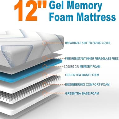 BreezeRest Queen Mattress Medium Firm 12 Inch Memory Foam Colchones Bed in a Box Cooling Gel Green Tea Queen Size Mattress with Breathable Soft Fabric Cover CertiPUR-US Pressure Relieving - Image 4