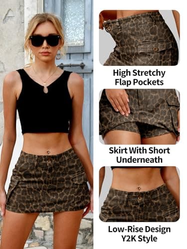 ELLEVEN Mini Cargo Skort for Women High-Stretch Denim Short Y2K Low Waist Denim Women's Jean Skirt Casual Trendy Summer Skort with Pockets Going Out Leopard Print Small - Image 4