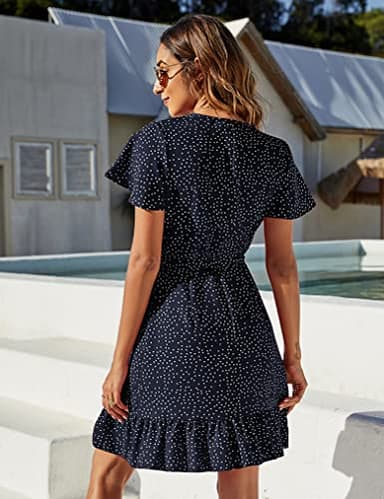 Naggoo Women's Summer Wrap V Neck Polka Dot Print Ruffle Short Sleeve Mini Dress with Belt Navy Blue S - Image 2