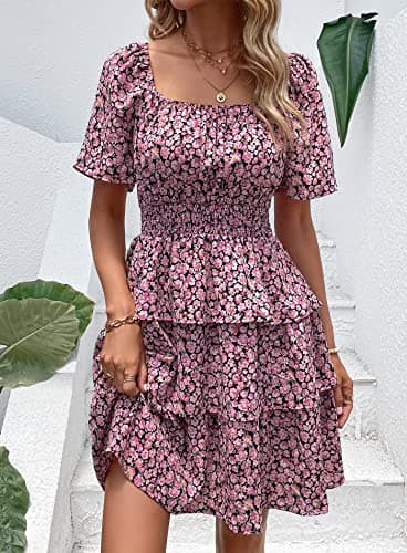 PRETTYGARDEN Women's 2025 Floral Summer Short Dress Square Neck Short Sleeve Tiered Ruffle Boho Swing Dresses (Black Pink Floral,Medium) - Image 6