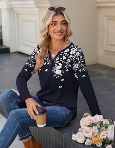 Zeagoo Summer Tops for Women 2025 Fashion Long Sleeve Shirts Boho Floral Clothes V Neck Tshirts Basic Work Blouses - Image 5
