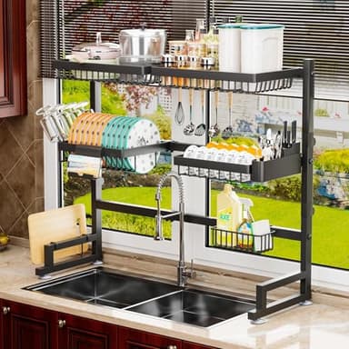 ilvvan Over The Sink Dish Drying Rack 27-40L x 12W x 32.5-37H (inches) (Expandable Height and Length) Snap-On Design 2 Tier Large Dish Rack - Image 7